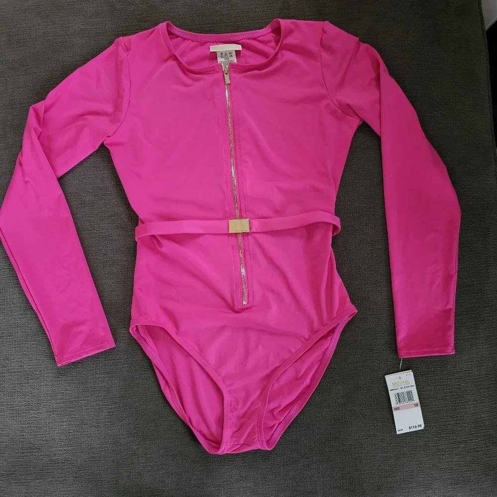 Michael Kors Pink long Sleeve Zip Up Logo Belt One Piece Paddle Swimsuit Size 8